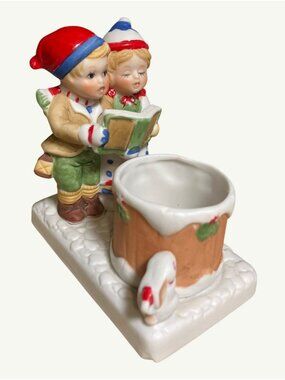 Christmas Figurine Candle Holder Vintage 1982 Boy Girl Singing